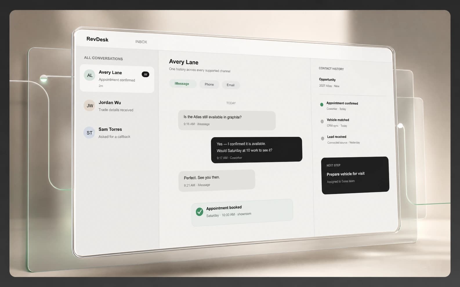 A RevDesk conversation with customer history, appointment status, and the next action