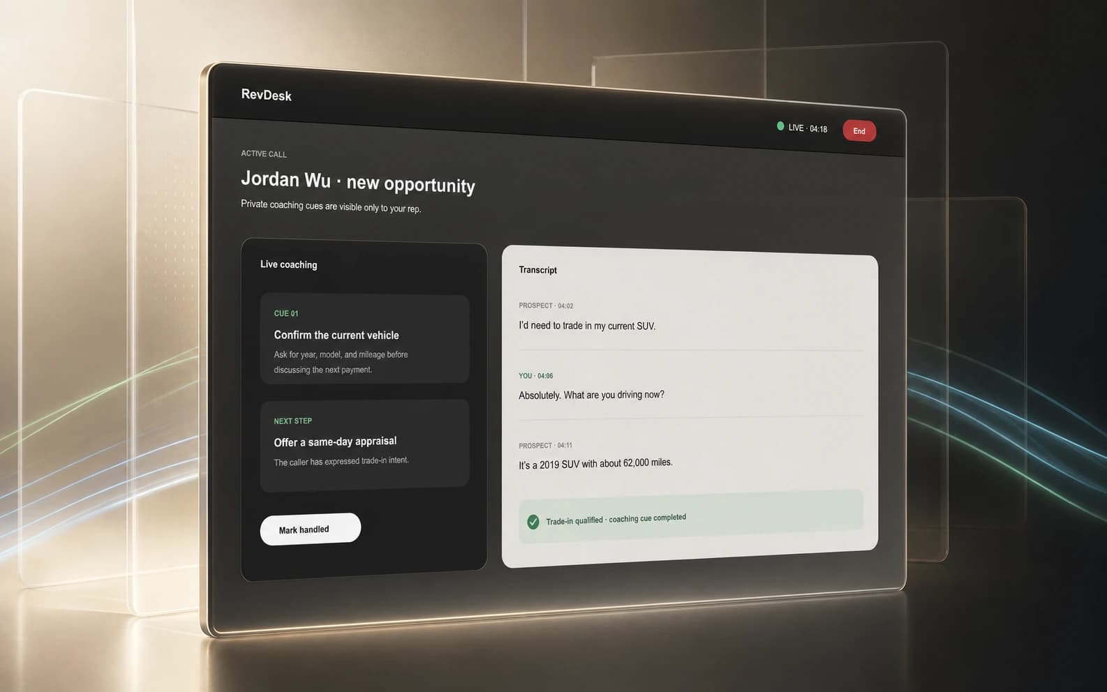 A RevDesk call workspace with customer context, transcript, and live coaching