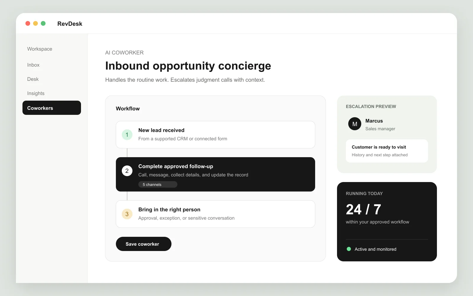 RevDesk AI coworker workflow with approved follow-up and manager escalation