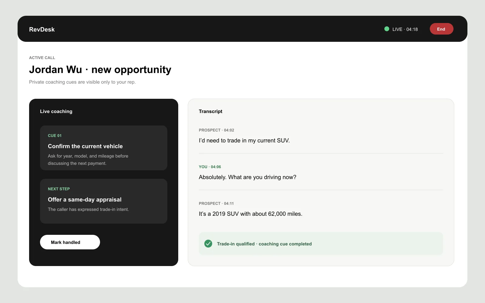RevDesk live coaching view with a private trade-in cue and call transcript