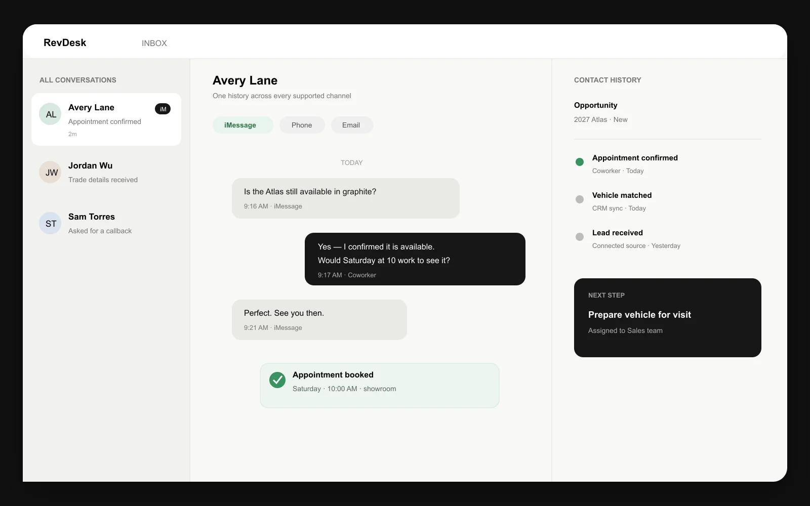 RevDesk dealership inbox with an iMessage conversation, vehicle context, and booked showroom appointment